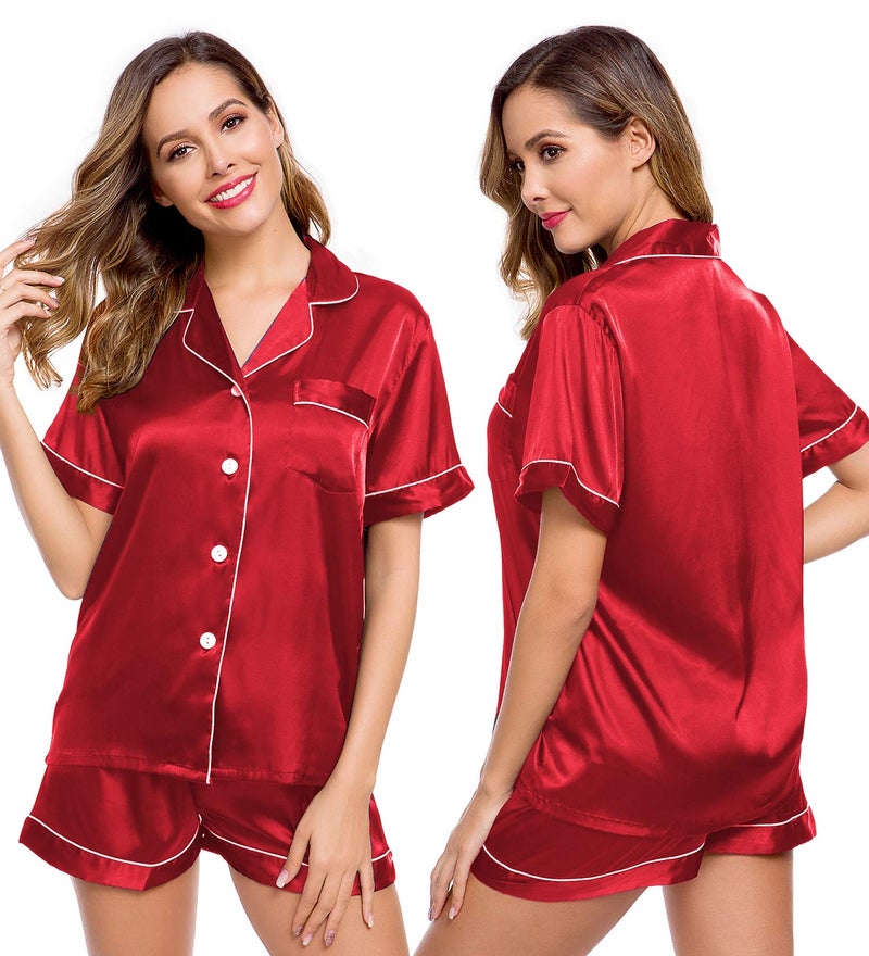 LecGee Womens Pajamas Set Silk Satin Sleepwear Short Sleeve Nightwear Button Down Pj Lounge - Image 1